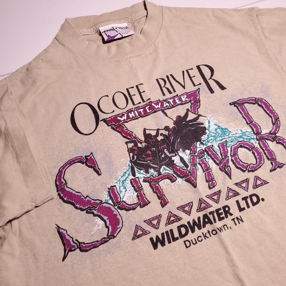 VINTAGE Ocoee River Rafting Mens Medium Single Stitch T-Shirt Tan Mad In USA